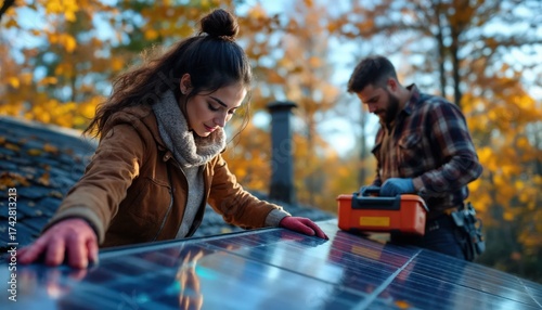 Couple Installing Solar Panels on a Rooftop During Autumn