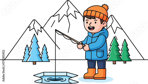 Ice fishing cartoon illustration winter scene with boy and mountains editable vector