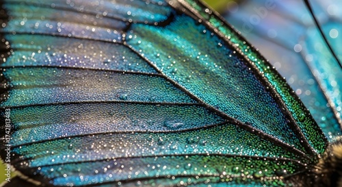 An extreme close-up of a butterfly's wing showcasing iridescent blue and green scales detailed with tiny droplets and subtle sparkle