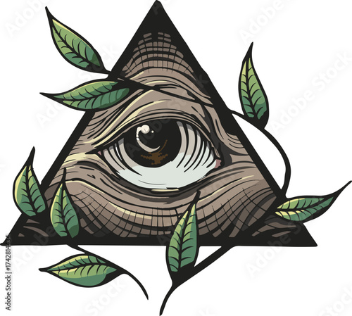 All-Seeing Eye in Triangle with Green Leaves – Mystical Symbol and Nature Fusion