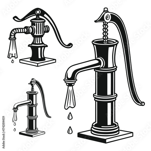Three black and white vintage water pumps with visible handles and spouts dripping water retro antique