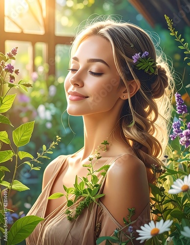 Serene woman basks in sunlight amongst vibrant garden flowers