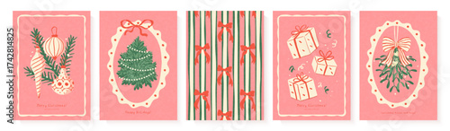 Set of Christmas vertical greeting cards with festive ornaments, decorated fir tree, red ribbon pattern, gift boxes, and mistletoe branch, for season celebration, vector illustration.