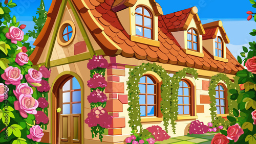 Charming French countryside cottage with rose vines climbing the walls, soft sunlight glow, dreamy vector composition, spring flowers in full bloom, pure white background elegance.