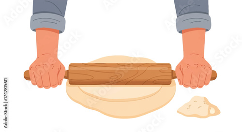 Rolling out dough with a wooden rolling pin A simple culinary illustration for baking and food preparation