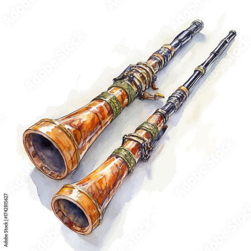 Uilleann Pipes, watercolor drawing vector, isolated on a white background.