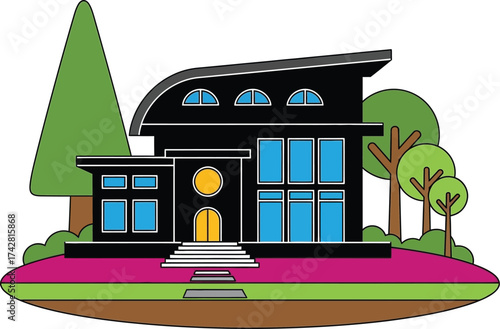 Modern house vector illustration with trees and landscape design editable vector