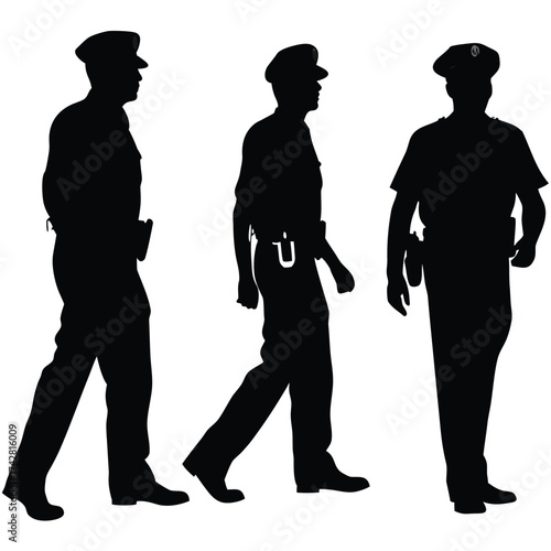 Three policeman silhouettes in uniform depict officers walking and standing in a row