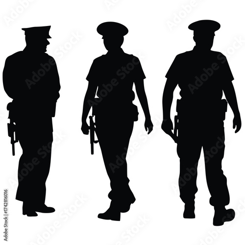 Three silhouettes of uniformed men are shown standing with their hands to their sides