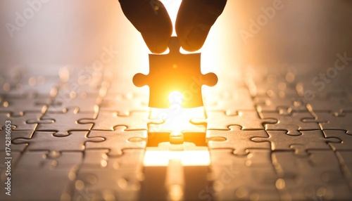 Hand placing puzzle piece with success, and business strategy concept.