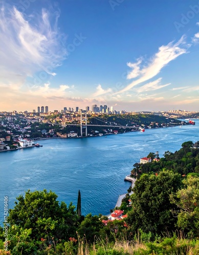 Panoramic view of city by water with bridge, buildings, and trees