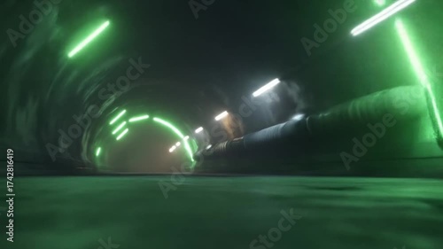 Abstract futuristic tunnel with glowing green neon lights creating a sense of speed and motion in a dark, mysterious environment.