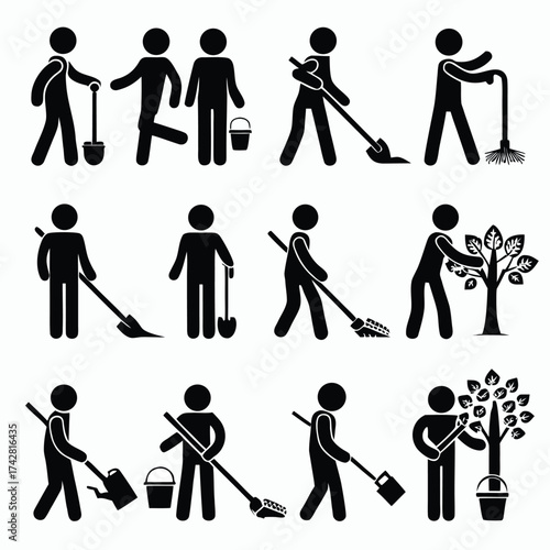Black silhouette shows people gardening, sweeping, planting and raking on white background