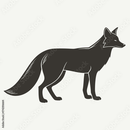 Elegant monochrome fox silhouette is standing on a light beige backdrop with transparent background
