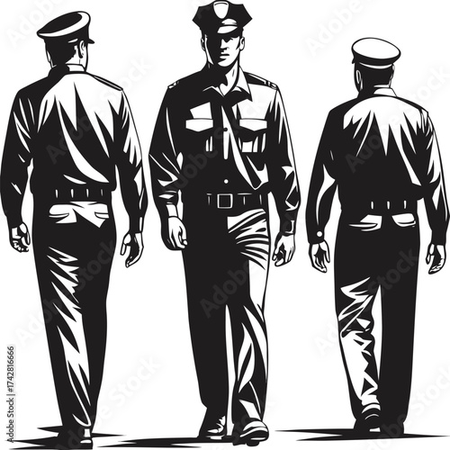 Policeman in uniform walks forward as two more officers walk away in monochrome