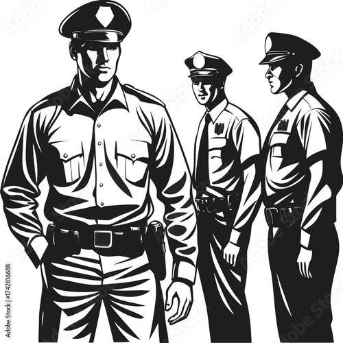 Three serious uniformed officers stand together vigilantly showcasing diverse poses and strong presence against blank backdrop
