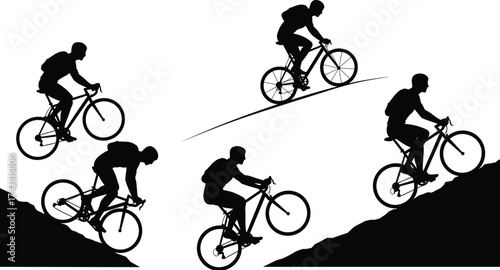 Silhouette of man cycling uphill and downhill, mountain biking adventure, outdoor sport activity, endurance training, fitness lifestyle illustration