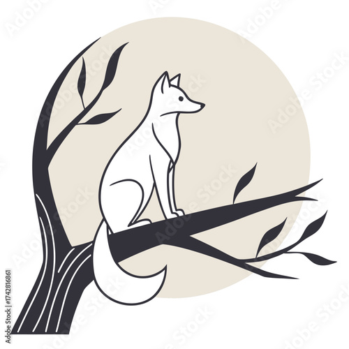 Minimalist white fox rests calmly upon a tree branch against a circle backdrop