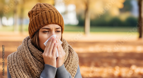 Unwell Woman with Tissue in Autumn Park, Flu and Cold Concept for flu & cold prevention blogs, health awareness campaigns, lifestyle magazines, healthcare websites, pharmacies, medical ads, marketing