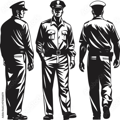 Three monochrome depictions feature a police officer in different views and angles