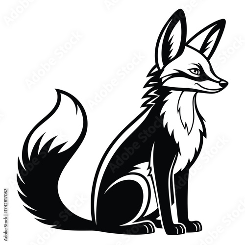 Striking black and white fox sits patiently, featuring a simple yet stylish transparent background