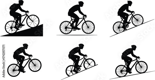 Silhouette of man riding bicycle uphill, cycling workout, mountain biking, healthy lifestyle, outdoor sport, active fitness, endurance training concept