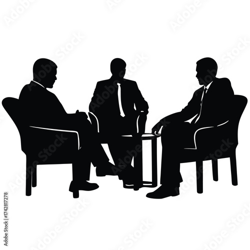Three businessmen sit around a small table in silhouette, wearing suits and ties