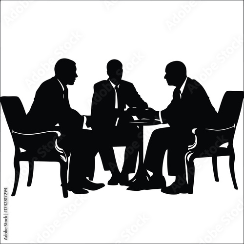 Three businesspeople convene around a small table in the form of a silhouette
