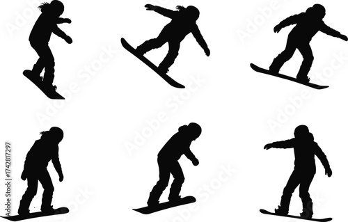 Silhouette of snowboarder performing tricks and jumps on snow, winter sport athlete illustration, extreme snowboarding action pose collection vector art