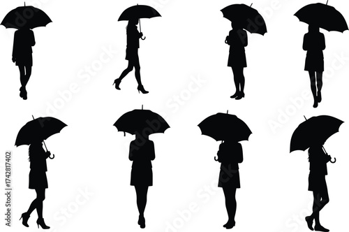 Silhouette of woman holding umbrella, walking in rain, rainy day fashion, protection, elegance, weather, lifestyle, city, monochrome design