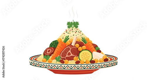 Delicious Couscous Dish with Meat and Vegetables A Flavorful Cultural Feast Illustration
