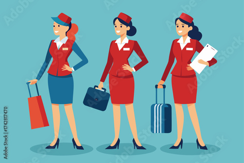 Three diverse stewardesses are posing with luggage, a briefcase, and a document on a light blue backdrop