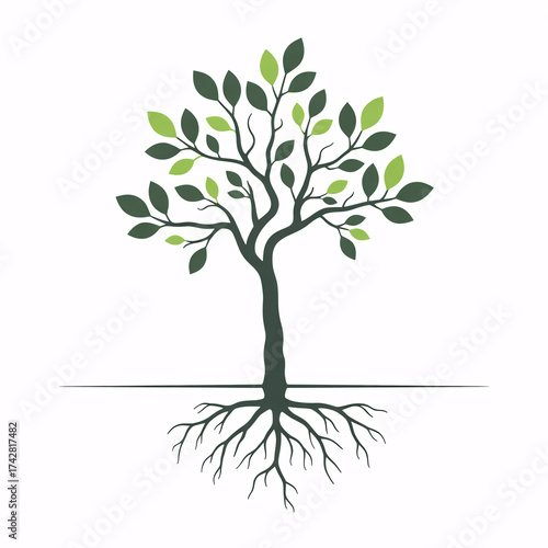 Vibrant green tree with deep roots symbolizes growth, stability, and natural life in a clean, modern design