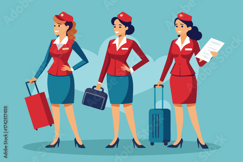 Three smiling air stewardesses walk together with luggage against a plain blue background in uniform