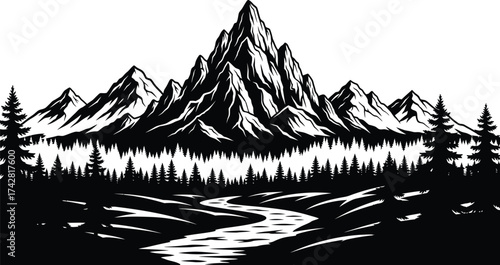Black and white mountain landscape vector with river and forest art editable vector