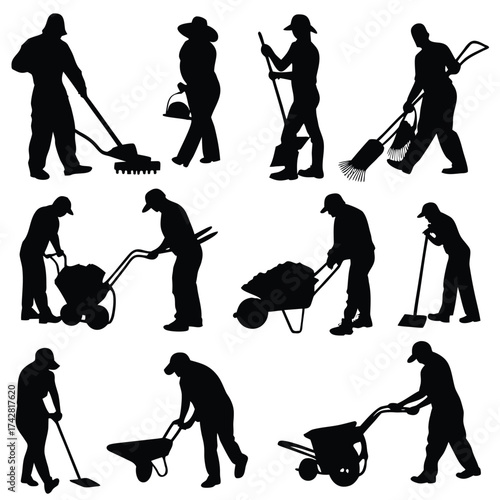 Multiple black silhouettes depict diverse individuals actively engaged in various gardening activities and pushing wheelbarrows
