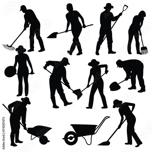 Group of diverse people working in the garden using different gardening tools in silhouette