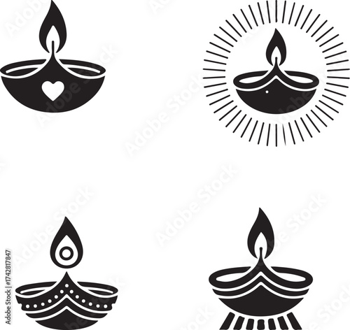 Diya Lamp Set: A minimalist depiction of diya lamps, a symbol of light and positivity, beautifully illustrates the essence of spiritual illumination and cultural celebrations.
