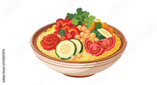 Vibrant and healthy vegetarian couscous bowl with fresh chopped vegetables, chickpeas, and herbs, isolated on a white background vector