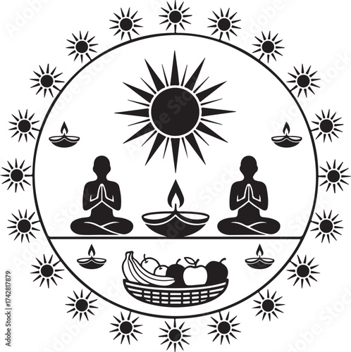Spiritual Harmony: A symbolic depiction of serenity and mindfulness, featuring meditating figures, vibrant sun, and ceremonial elements that represent inner peace and well-being.