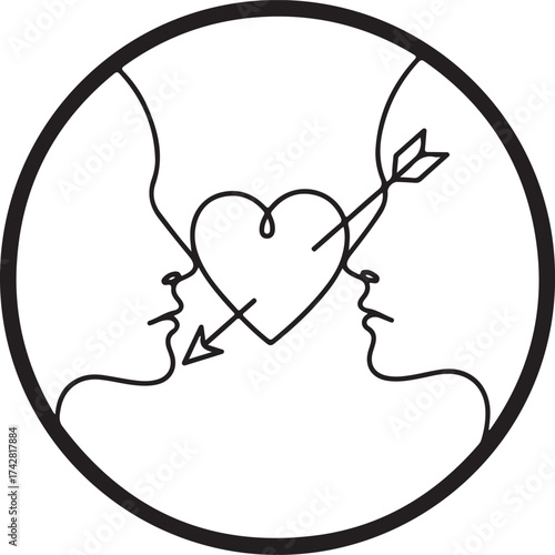Love's Embrace: An artistic representation of love and connection, with two profiles of person intertwined with a heart pierced by an arrow.