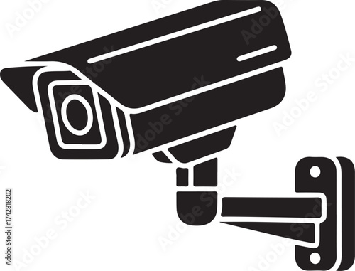 CCTV Camera Silhouette: A sleek black security camera, rendered in a clean, modern silhouette, is mounted, conveying vigilance and surveillance.