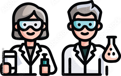 Two scientists with goggles hold flask and bottle smiling and wearing lab coats