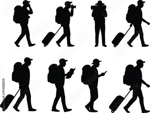 Traveler silhouettes, backpack tourists with luggage, airport journey scene, people walking with suitcases, travel lifestyle concept, global tourism, adventure trip, modern exploration