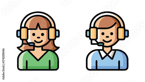 Two call center agents smile wearing headsets isolated on a white background with cheerful expressions