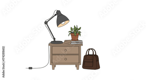 Cozy bedside table scene with lamp, plant, books, and stylish bag creates a relaxing mood