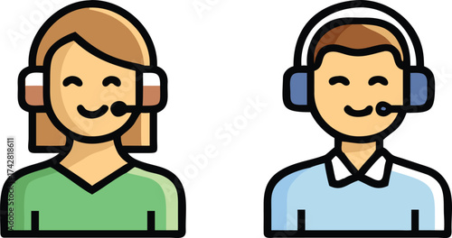 Smiling Caucasian male and female wearing headsets with microphones are displayed side by side