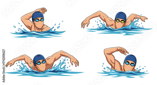 Dynamic swimmer practicing freestyle stroke in a race with energy and determination, from vector art