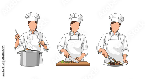 Professional chef cooking delicious food, preparing meals in a restaurant kitchen, vector art
