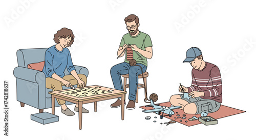 Cozy family bonding together doing hobbies like puzzles, knitting, and building model airplane